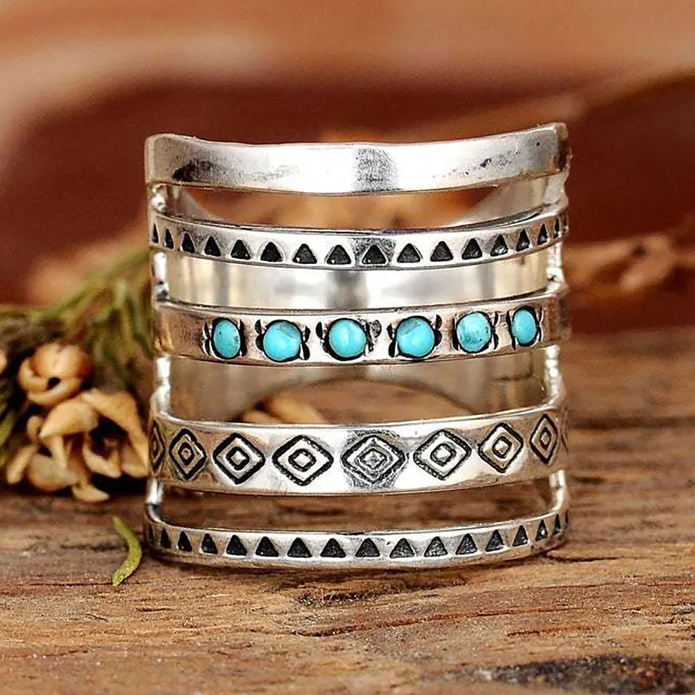 Bohemian Open Work Carved Turquoise Ring