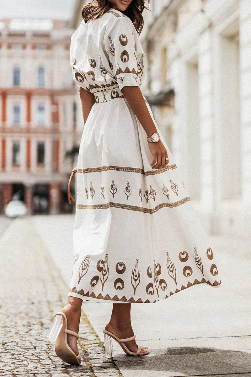 Anna-Berg | Boho Printed Belted Long Sleeve Midi Dress