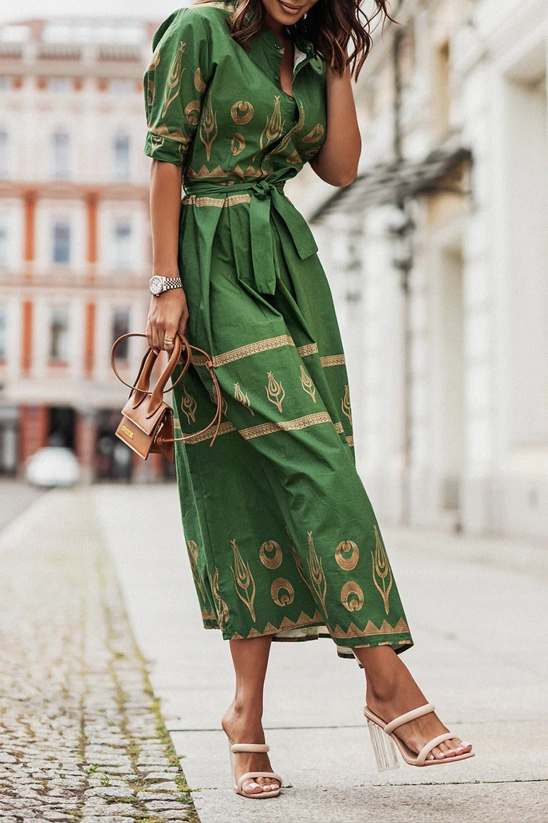 Anna-Berg | Boho Printed Belted Long Sleeve Midi Dress