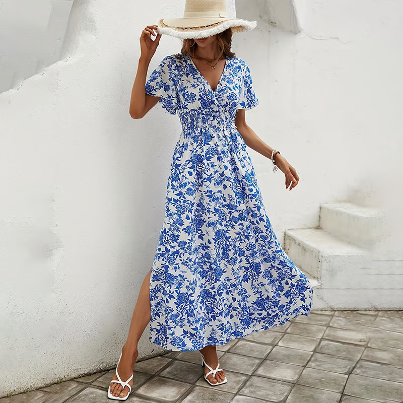 Anna-Berg | Boho Printed V Neck Short Sleeve Maxi Dress