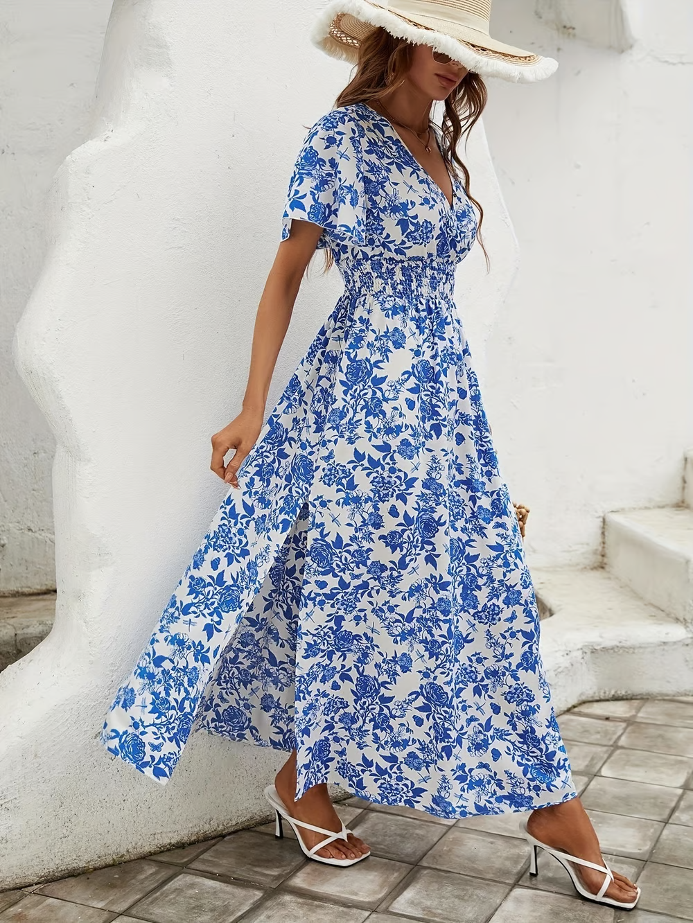 Anna-Berg | Boho Printed V Neck Short Sleeve Maxi Dress