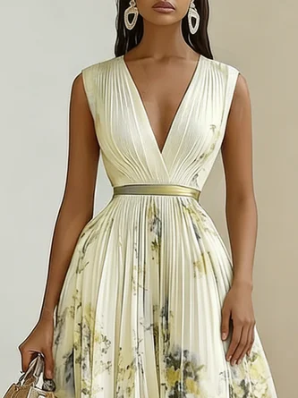 Anna-Berg | Printed V-Neck Sleeveless Fashion Pleated Dress