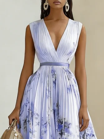Anna-Berg | Printed V-Neck Sleeveless Fashion Pleated Dress