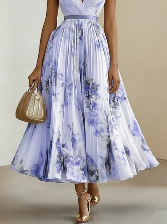 Anna-Berg | Printed V-Neck Sleeveless Fashion Pleated Dress