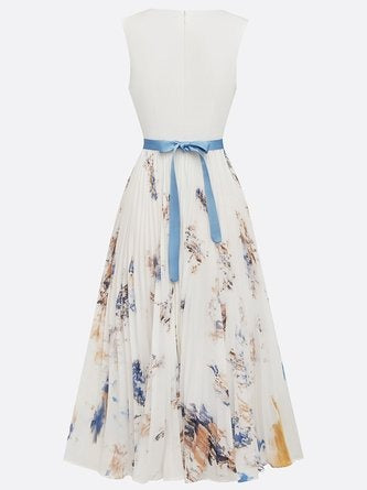 Anna-Berg | Printed V-Neck Sleeveless Fashion Pleated Dress