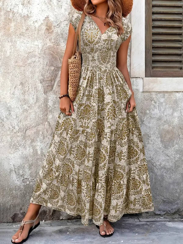 Anna-Berg | Boho Patterned Sleeveless V Neck Maxi Dress