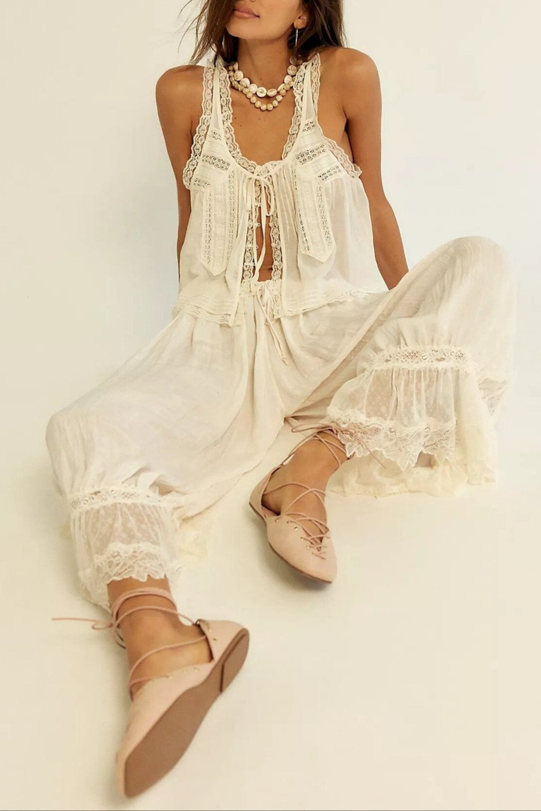 Anna-Berg | Ivory Cropped & High-Waist Lace Two-Piece Set
