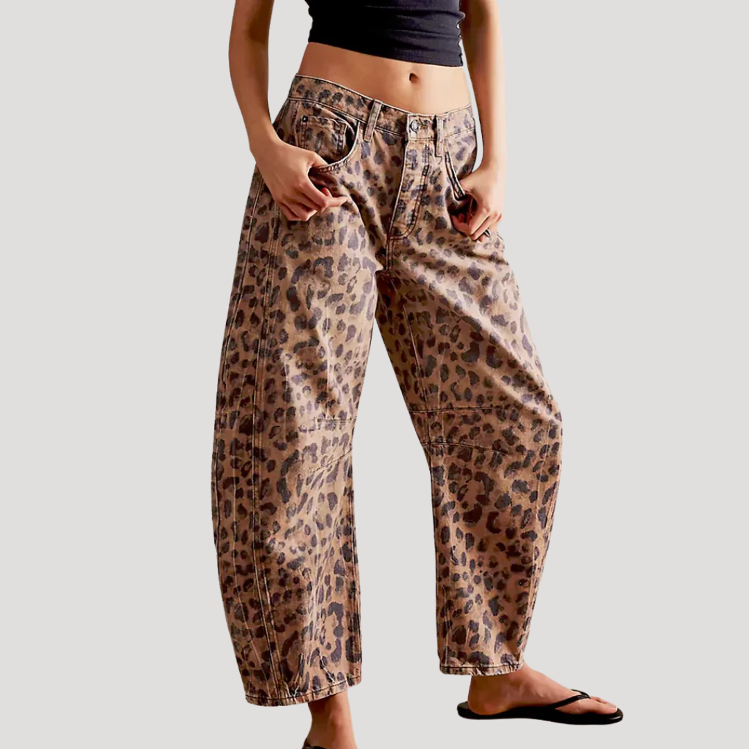 Anna-Berg | Refined Leopard Print Barrel Leg Wide Jeans