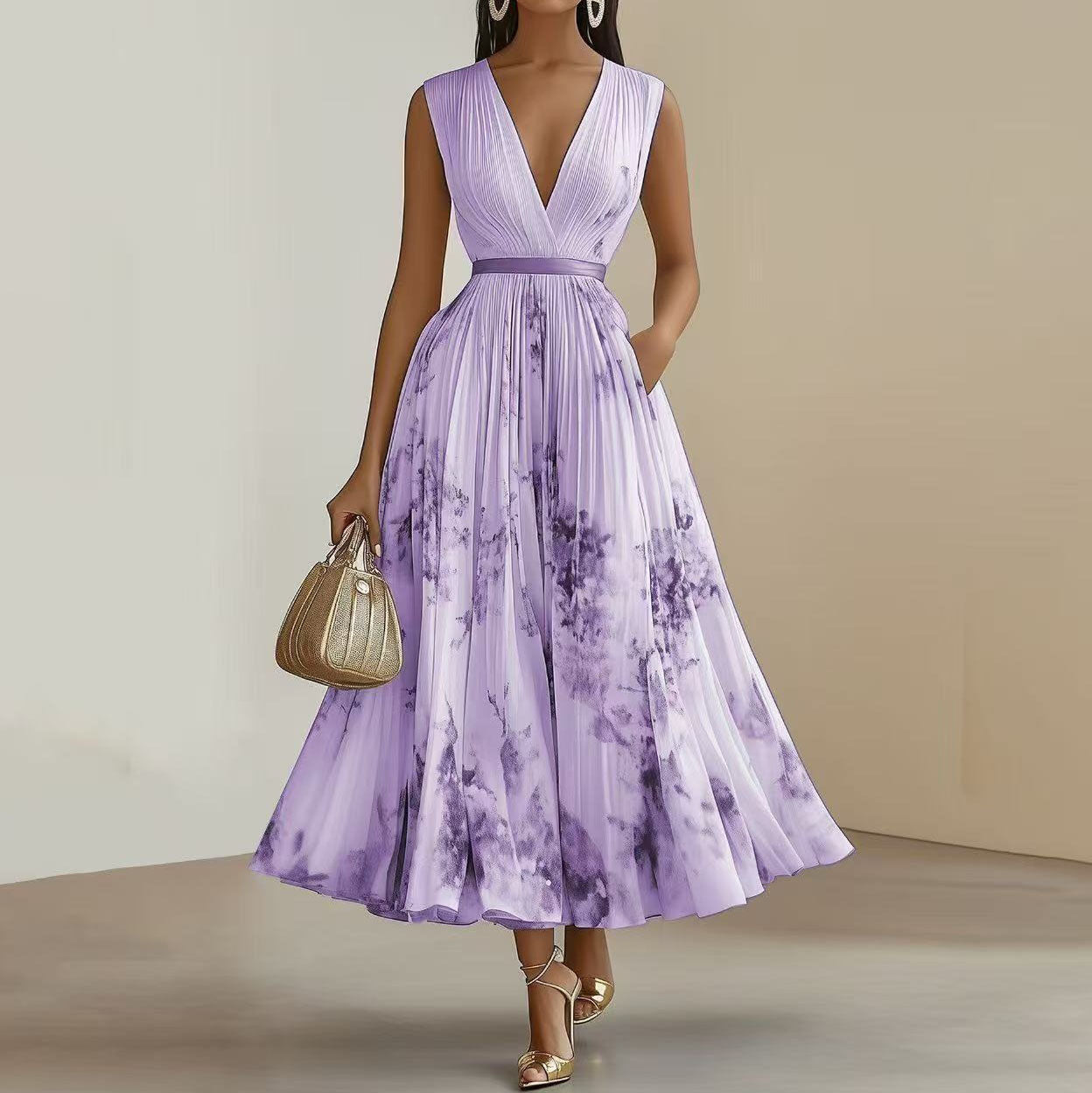 Anna-Berg | Printed V-Neck Sleeveless Fashion Pleated Dress
