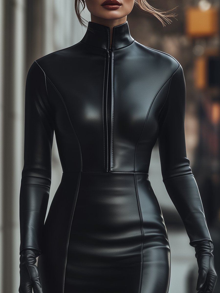 Anna-Berg | Elegant Black Zip-Up Faux Leather Dress