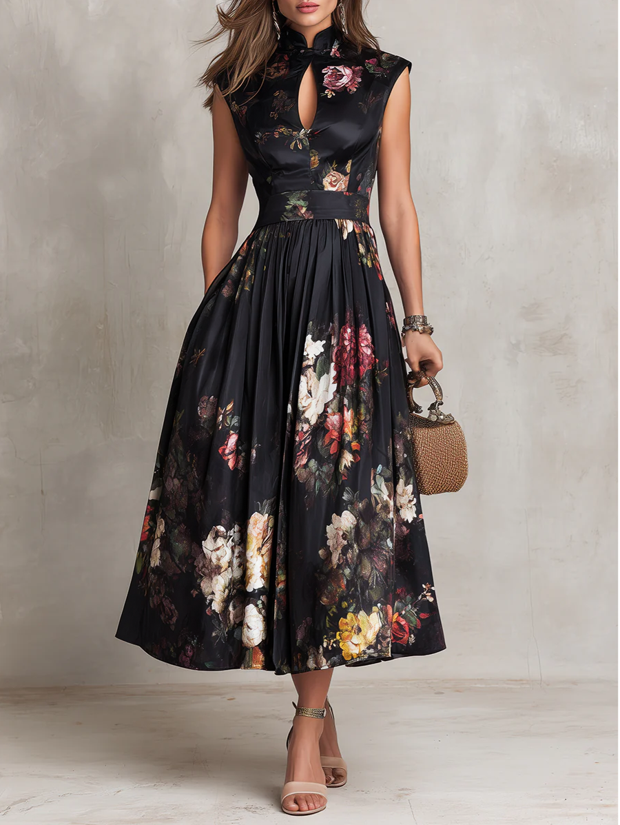 Anna-Berg | Elegant Keyhole Collar Pleated Satin Dress