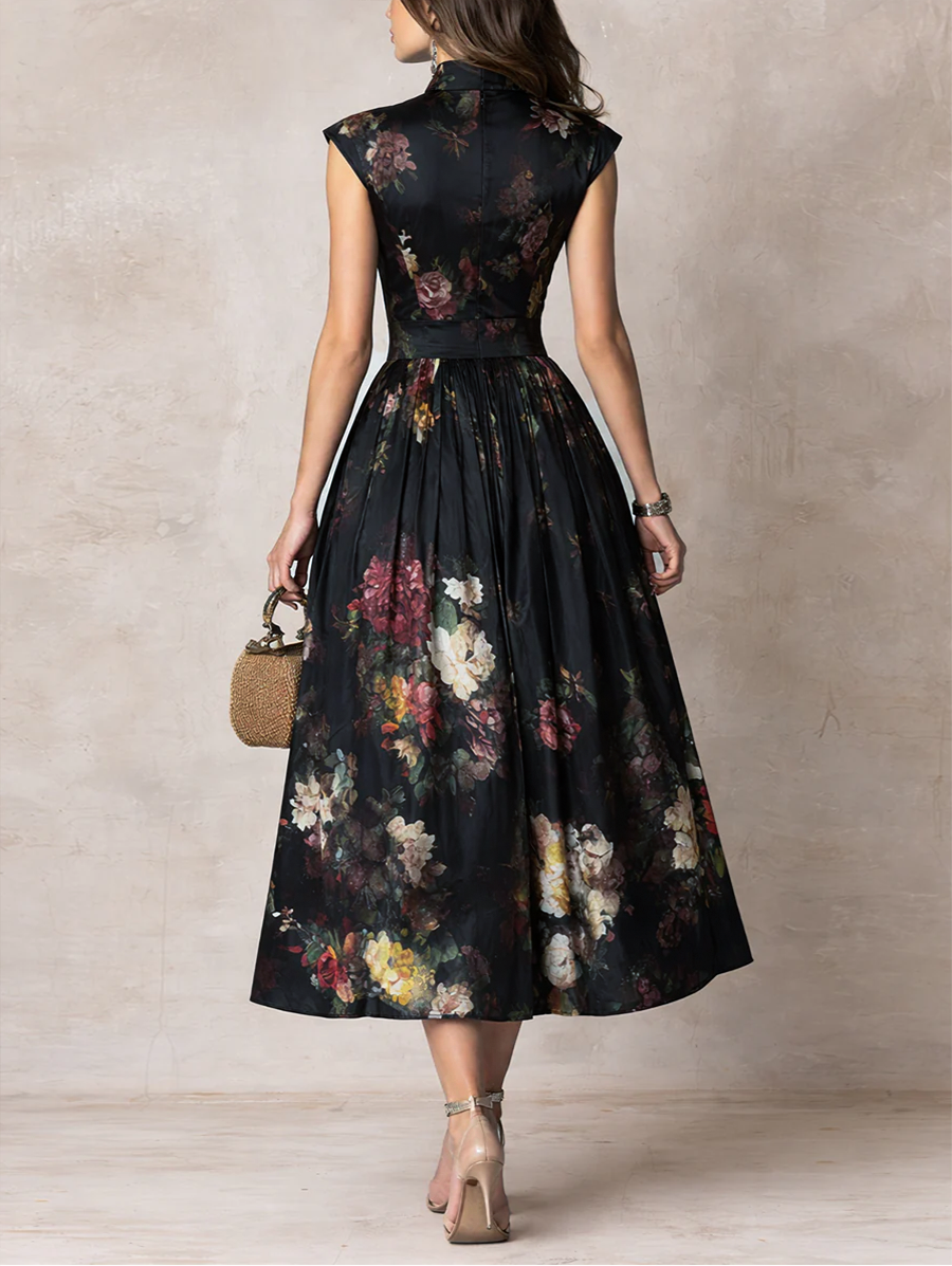 Anna-Berg | Elegant Keyhole Collar Pleated Satin Dress