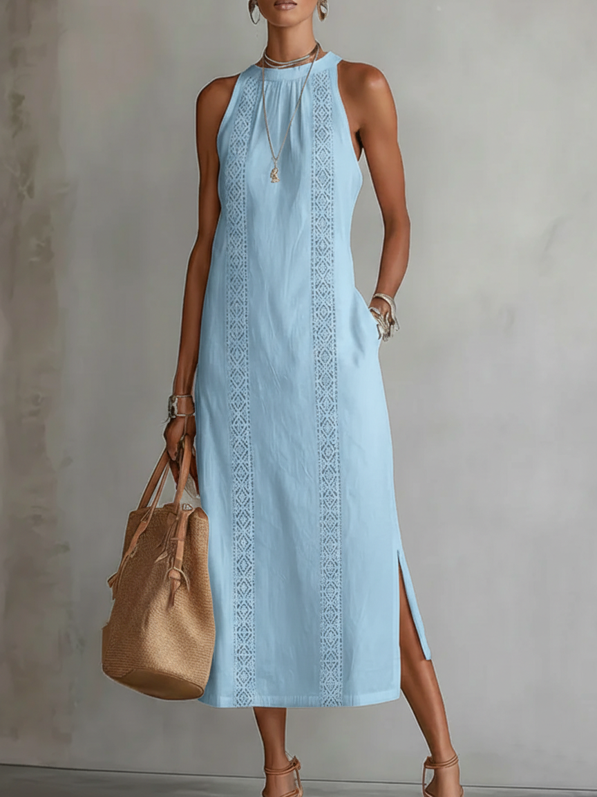 Anna-Berg | Graceful Embroidered Mandarin Collar Midi Dress