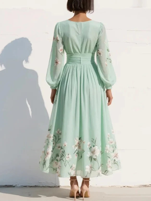Anna-Berg | Elegant Floral Print Long-Sleeved V-Neck Dress