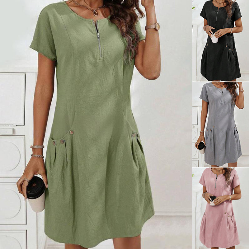 Anna-Berg | Timeless Dress With Half Zipper And Button Pockets