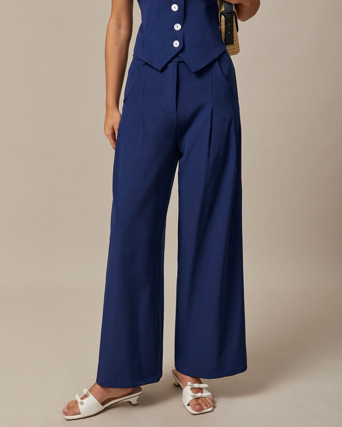 Anna-Berg | High Waisted Straight Pants for Women, Navy, Cotton