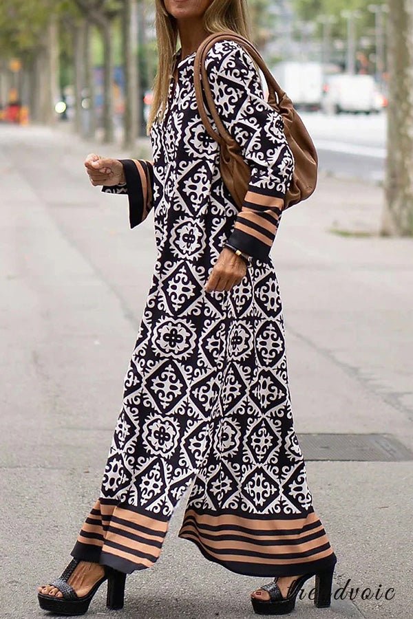 Anna-Berg | Modern Geometric Print Long Sleeve Casual Maxi Dress