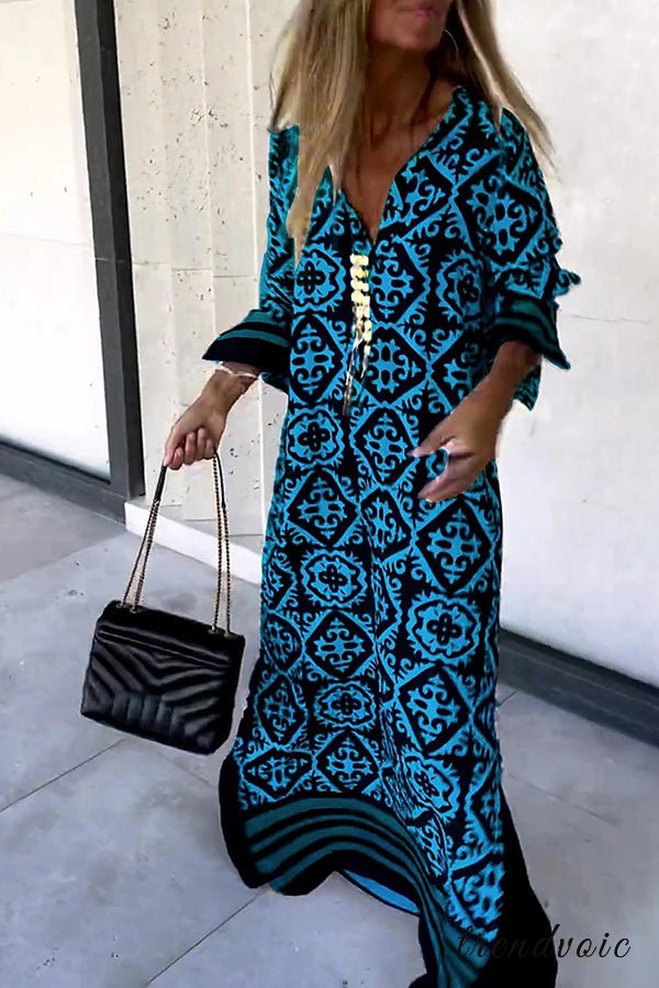 Anna-Berg | Modern Geometric Print Long Sleeve Casual Maxi Dress
