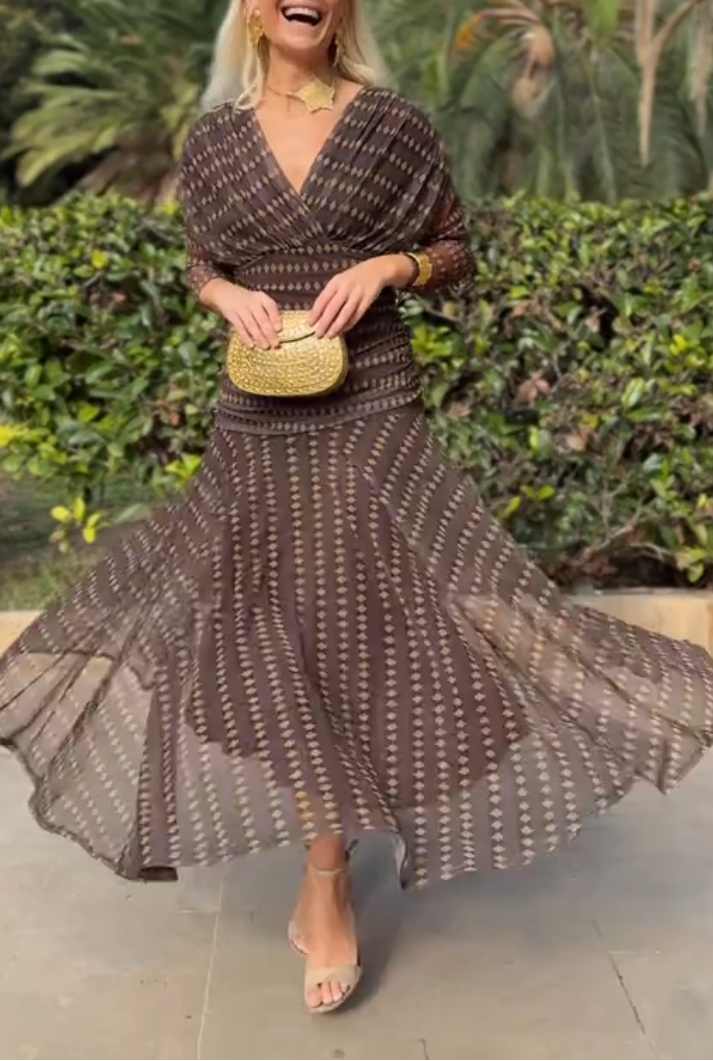 Anna-Berg | Bohemian Patterned V Neck Mesh Dress