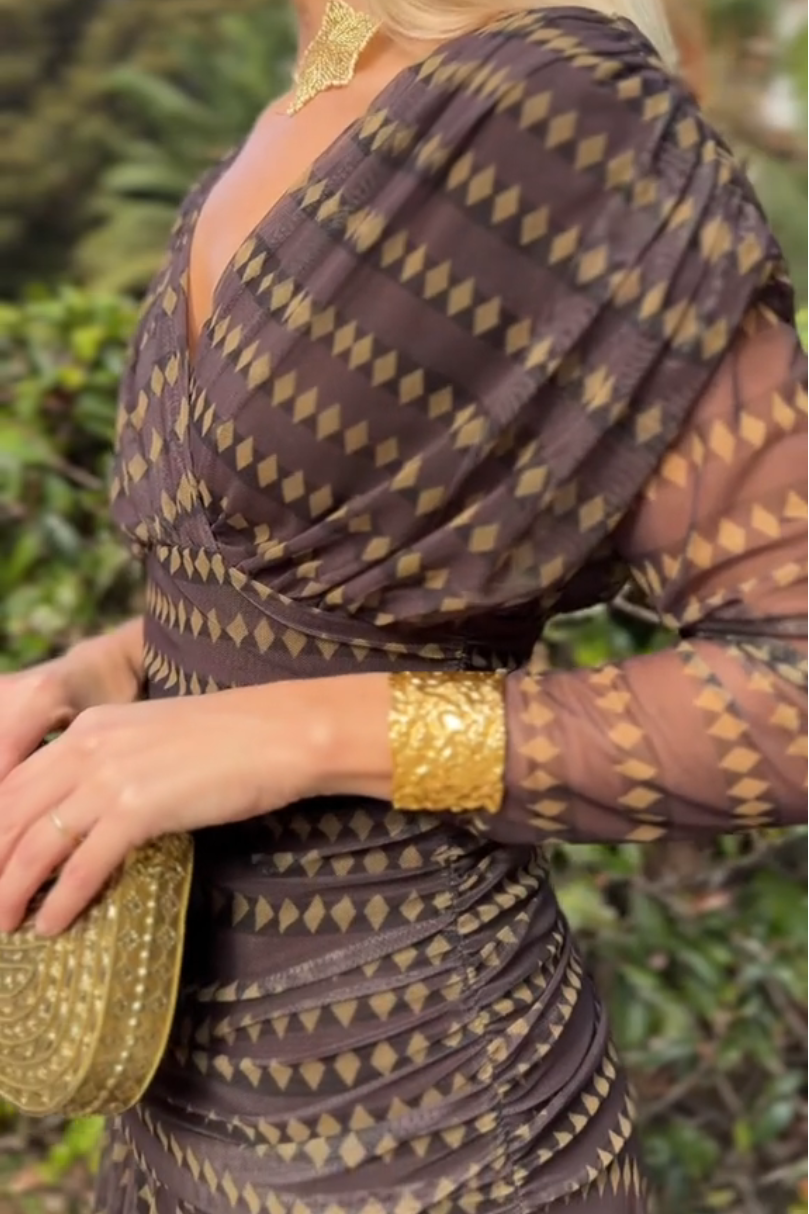 Anna-Berg | Bohemian Patterned V Neck Mesh Dress