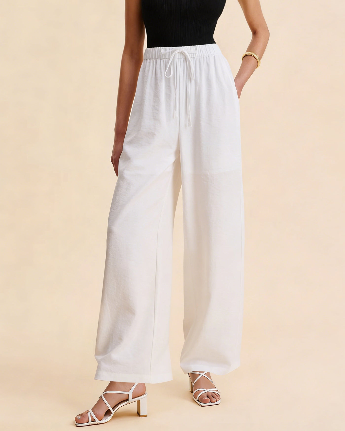 Anna-Berg | White Elastic Waist Straight Pants