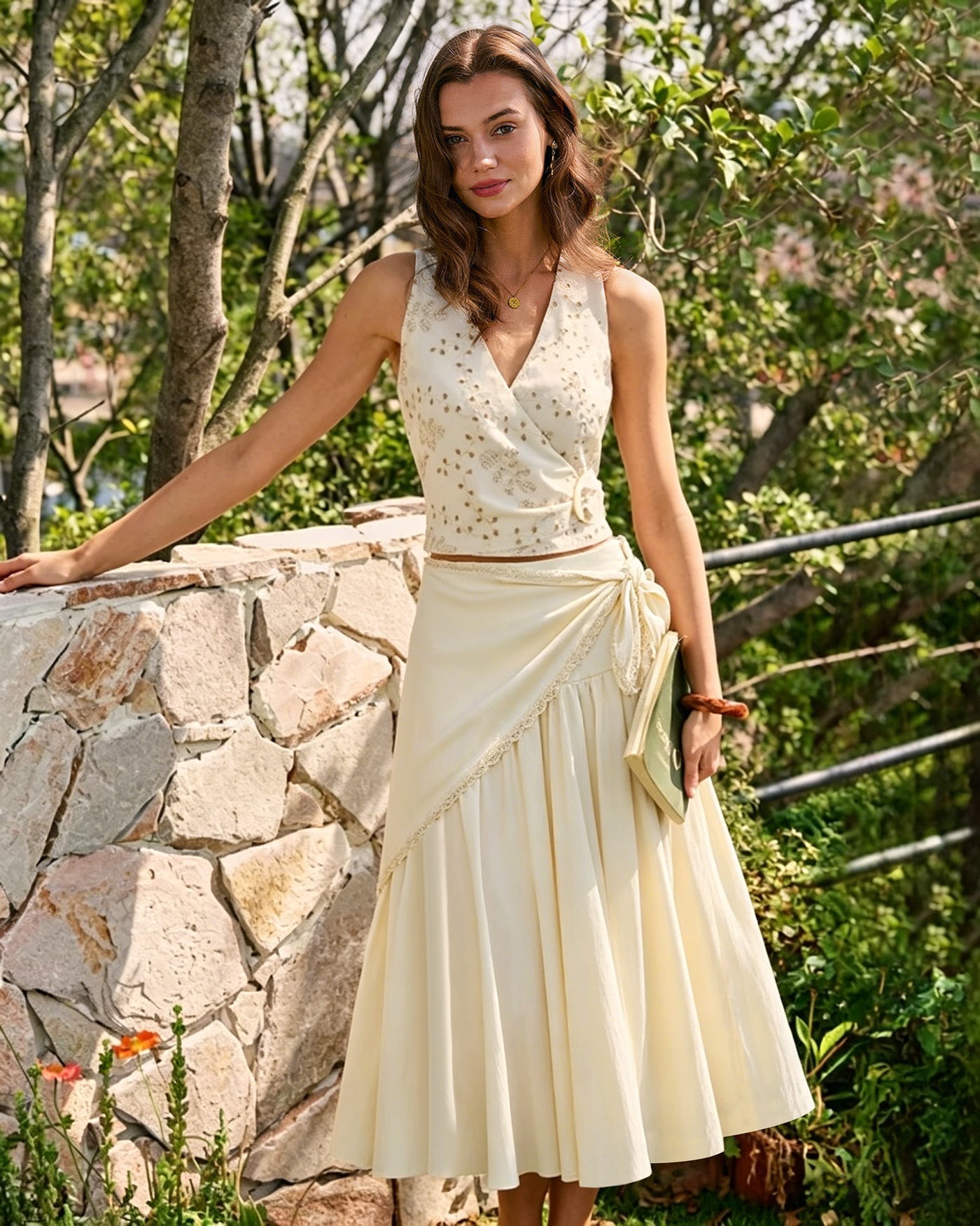 Anna-Berg | Midi Skirt, Women's, Spliced, Cotton, Fitted, Apricot