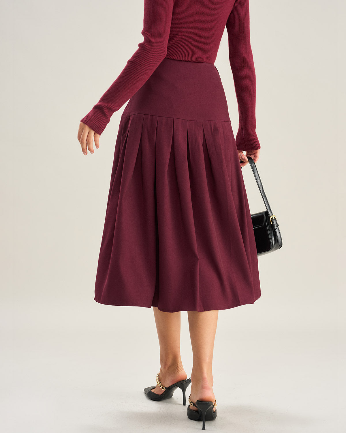 Anna-Berg | Pleated Midi Skirt for Women in Wine Red, Natural Waist, Fit Style