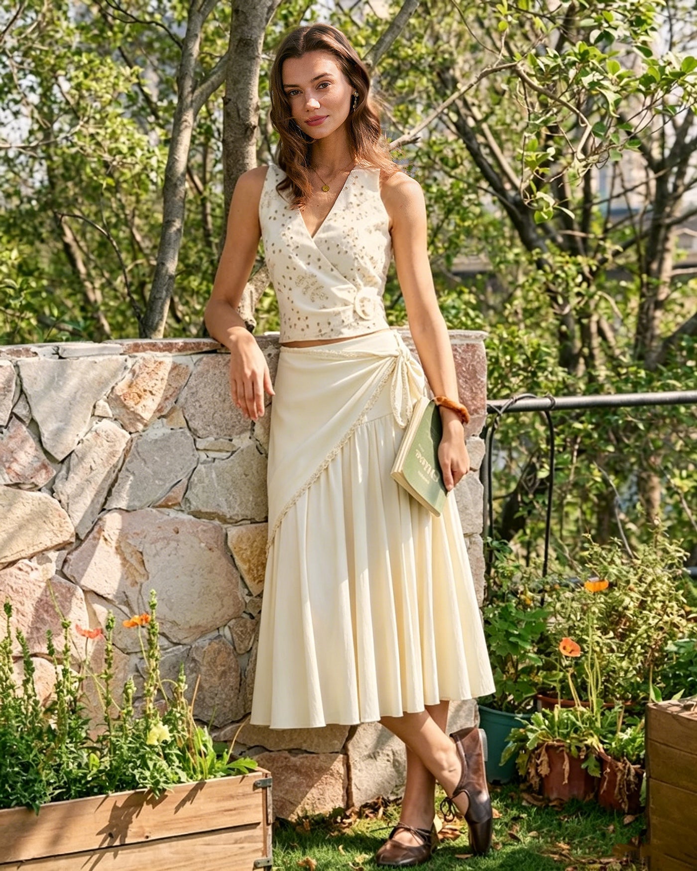 Anna-Berg | Midi Skirt, Women's, Spliced, Cotton, Fitted, Apricot