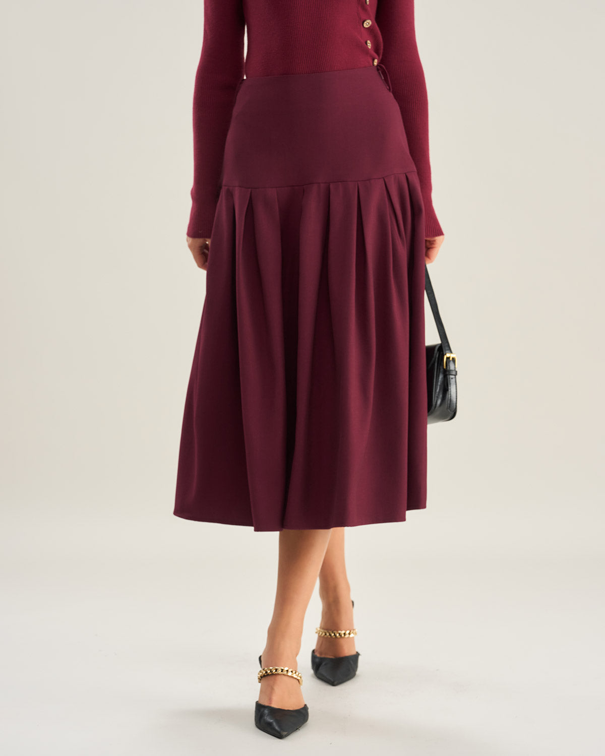 Anna-Berg | Pleated Midi Skirt for Women in Wine Red, Natural Waist, Fit Style